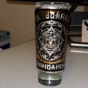 Aztec Calendar Shot Glass Metal Etched Emblem Holds 4 inch high Mexico Chihuahua